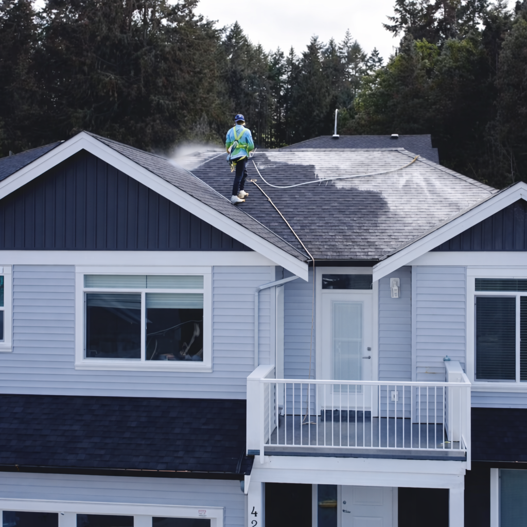 Moss Bros technician cleaning a roof in Nanaimo BC